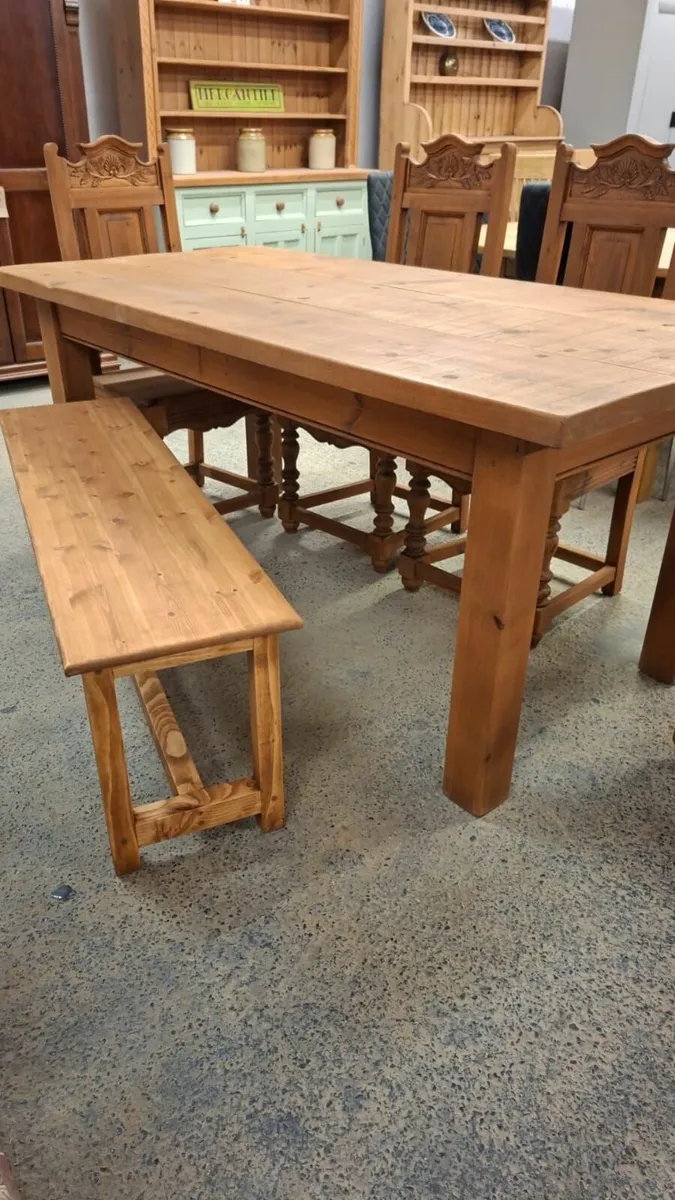 Vintage farmhouse table, 4 chairs, bench - Image 4