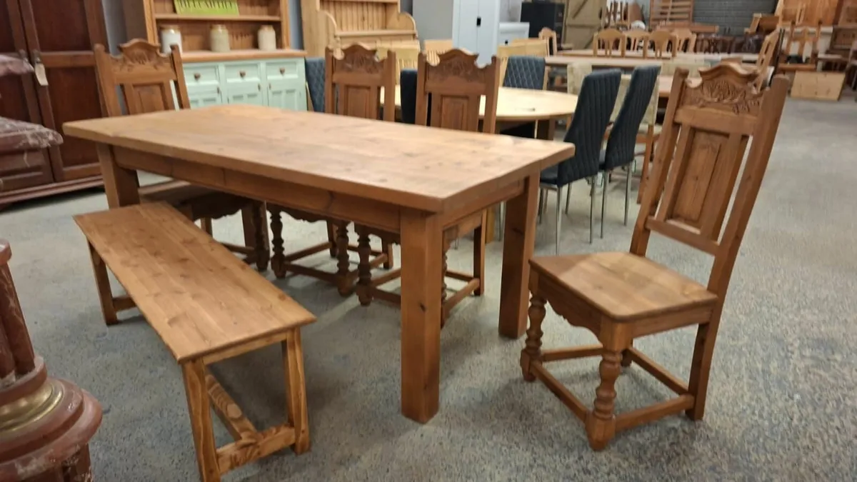 Vintage farmhouse table, 4 chairs, bench - Image 2