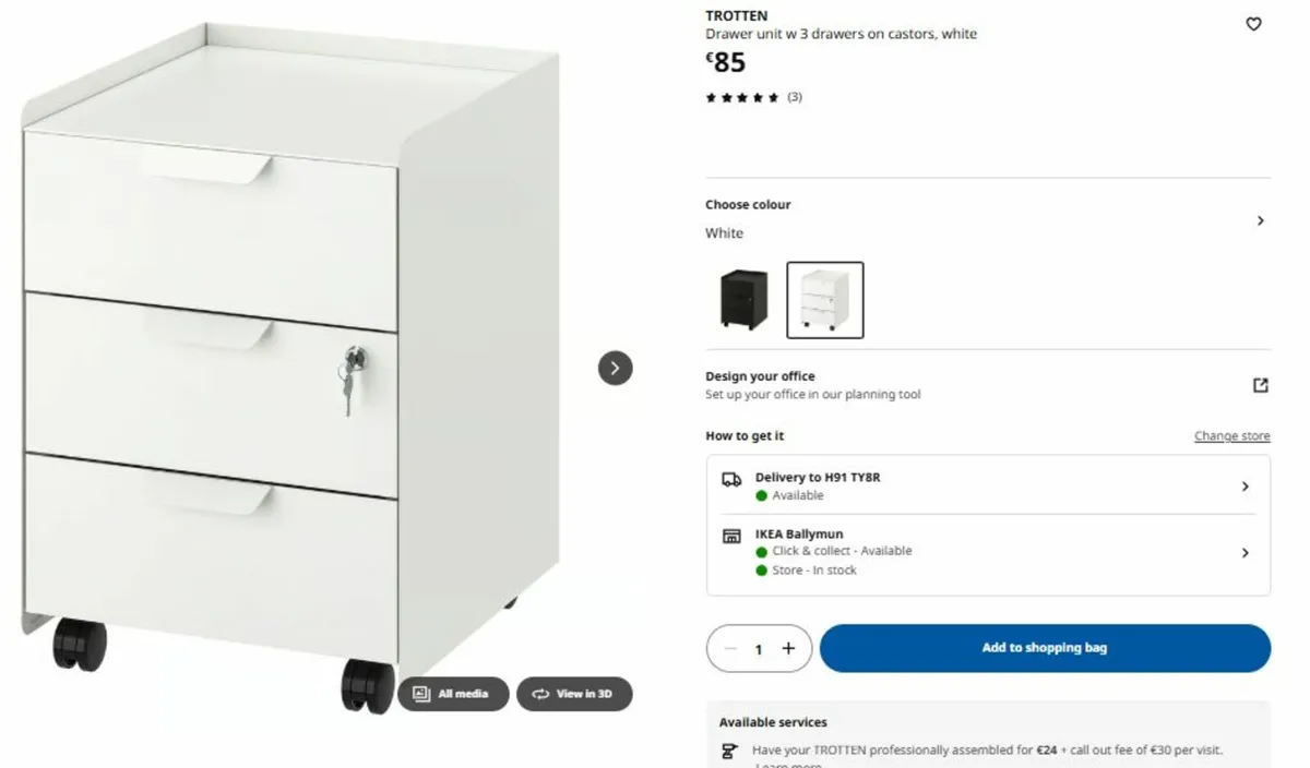 TROTTEN Drawer unit w 3 drawers on castors, white - Image 1