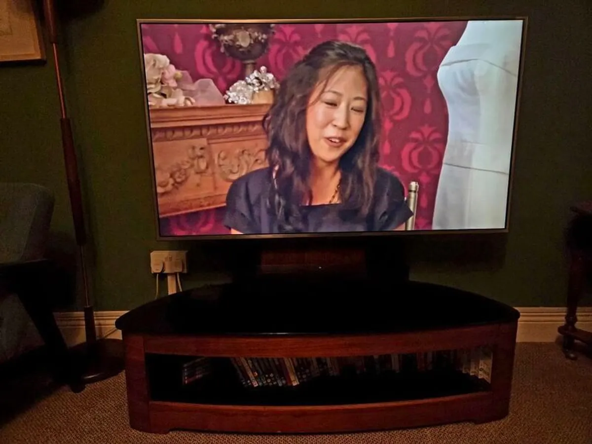 walnut tv stand with mounting panel and storage - Image 2