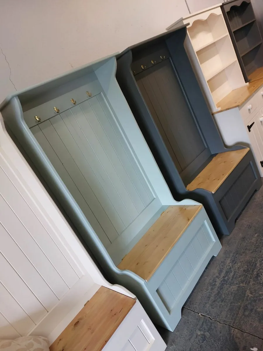 Coat hanging storage benches, pine workshop - Image 3