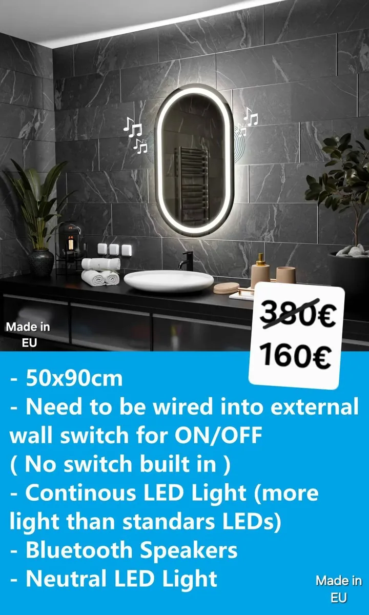 LED Bathroom Mirror Bluetooth Speakers 50x90cm - Image 1