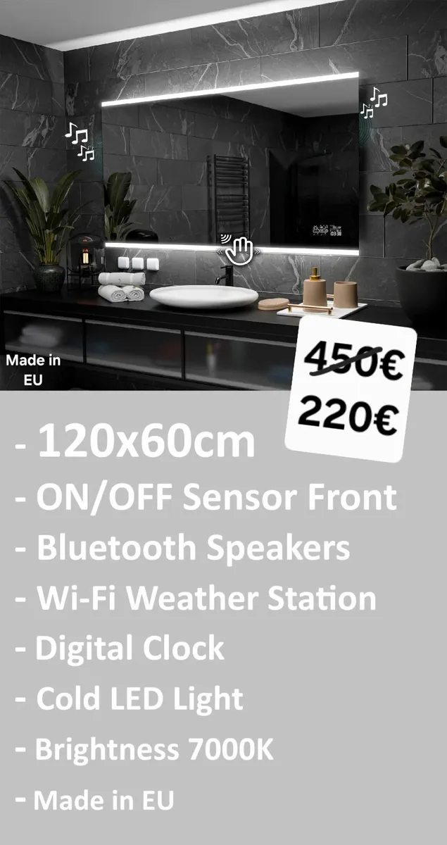 LED Bathroom Mirror 120x60cm Bluetooth Speakers - Image 1