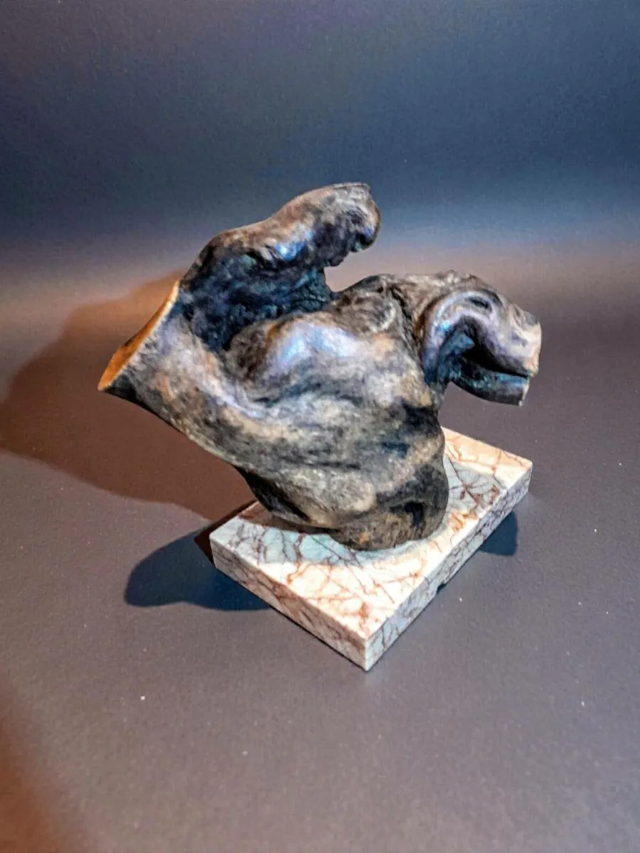 Free form bog oak statue on red marble - Image 2