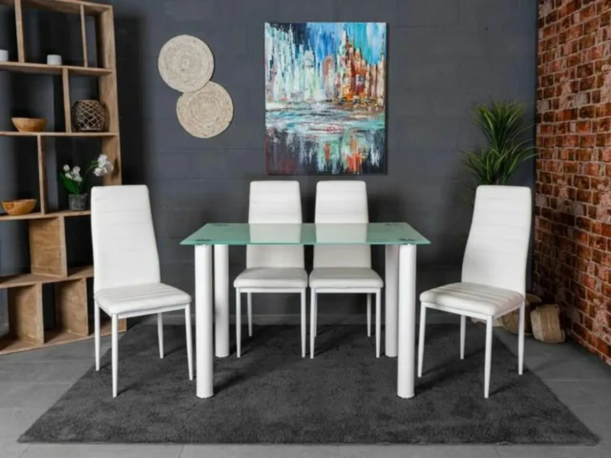 Compact Glass Dining Table Set Seats 4, White - Image 1
