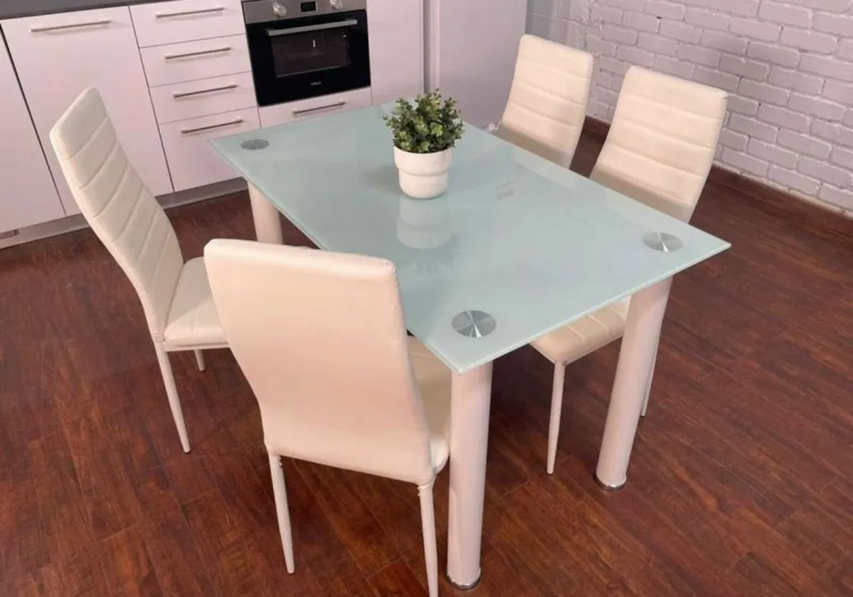 Compact Glass Dining Table Set Seats 4, White - Image 4