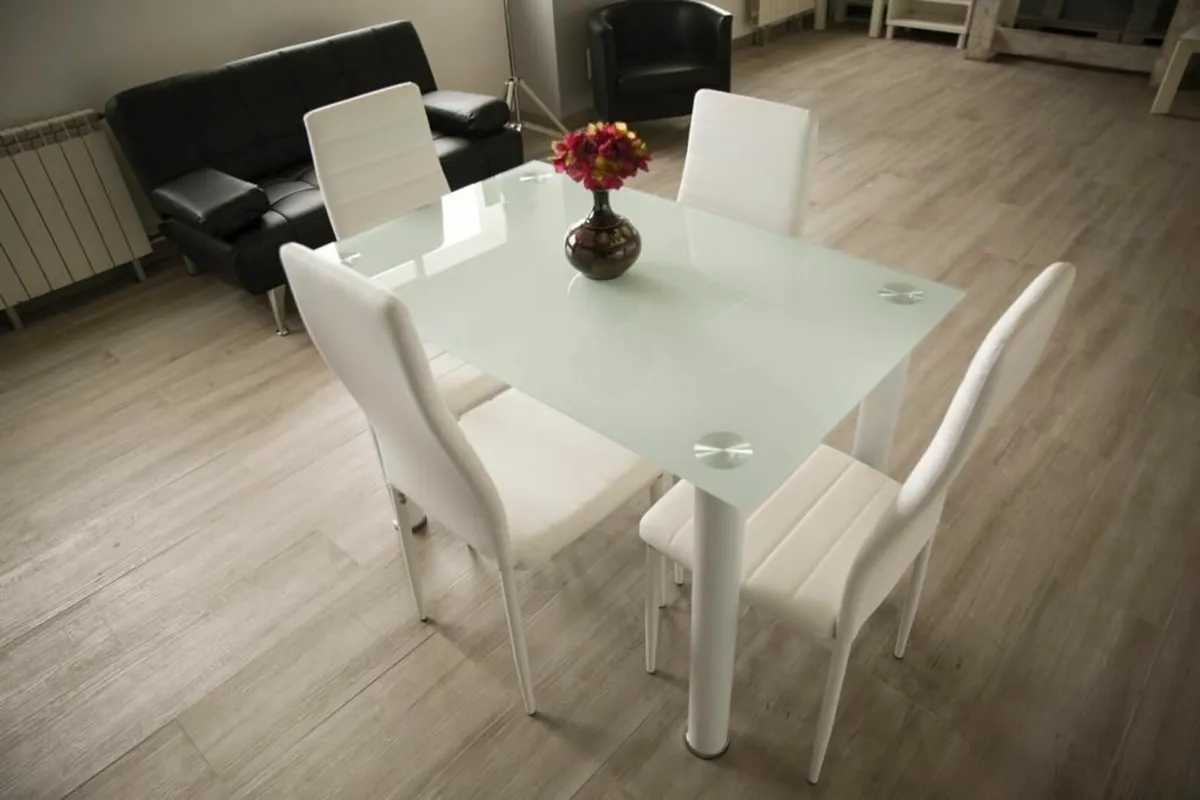 Compact Glass Dining Table Set Seats 4, White - Image 1