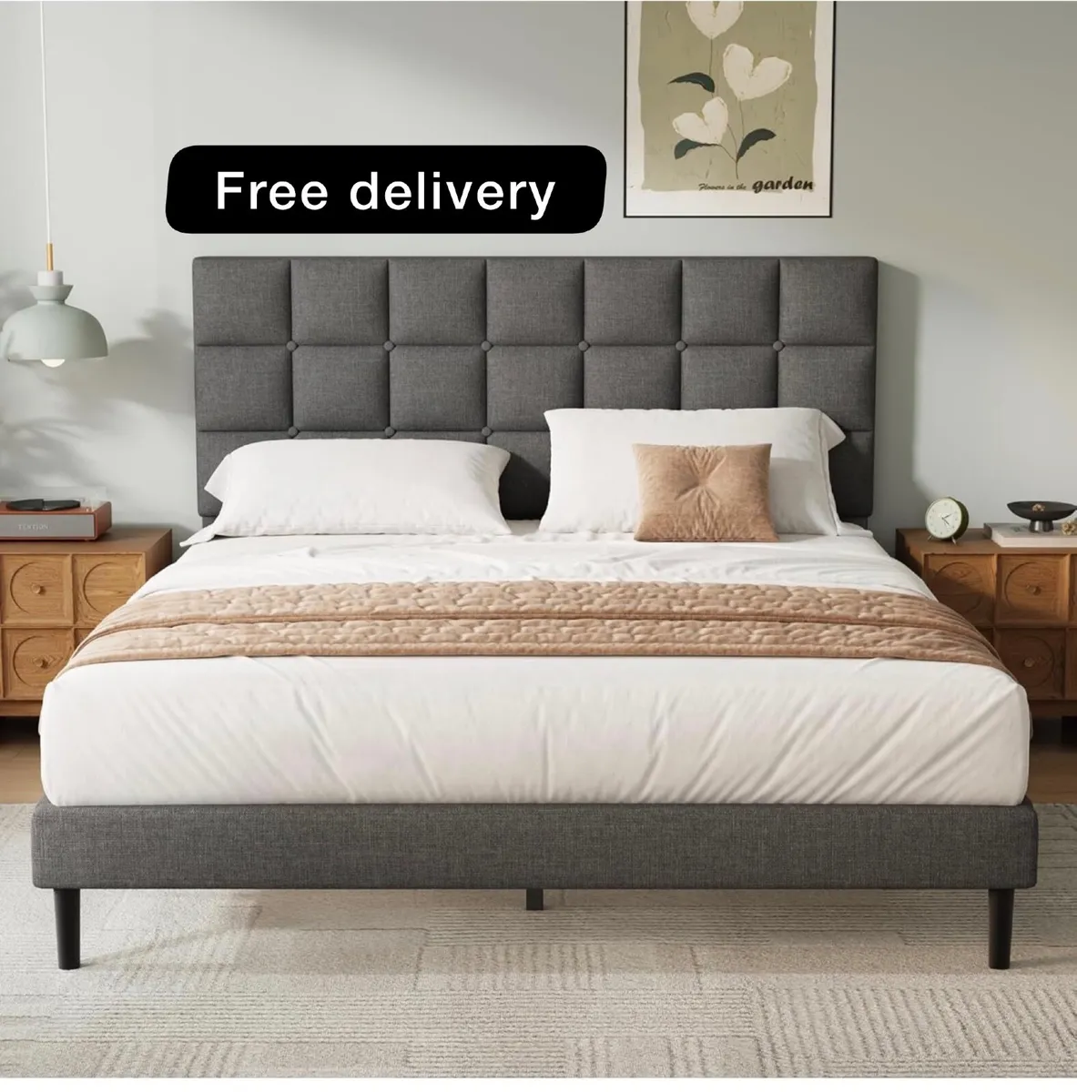 King Bed Frame, Easy Assembly, Sturdy Wooden Slat - Image 1