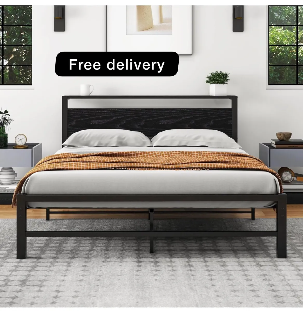 5ft King Metal Platform Bed Frame with Wooden Stor - Image 1