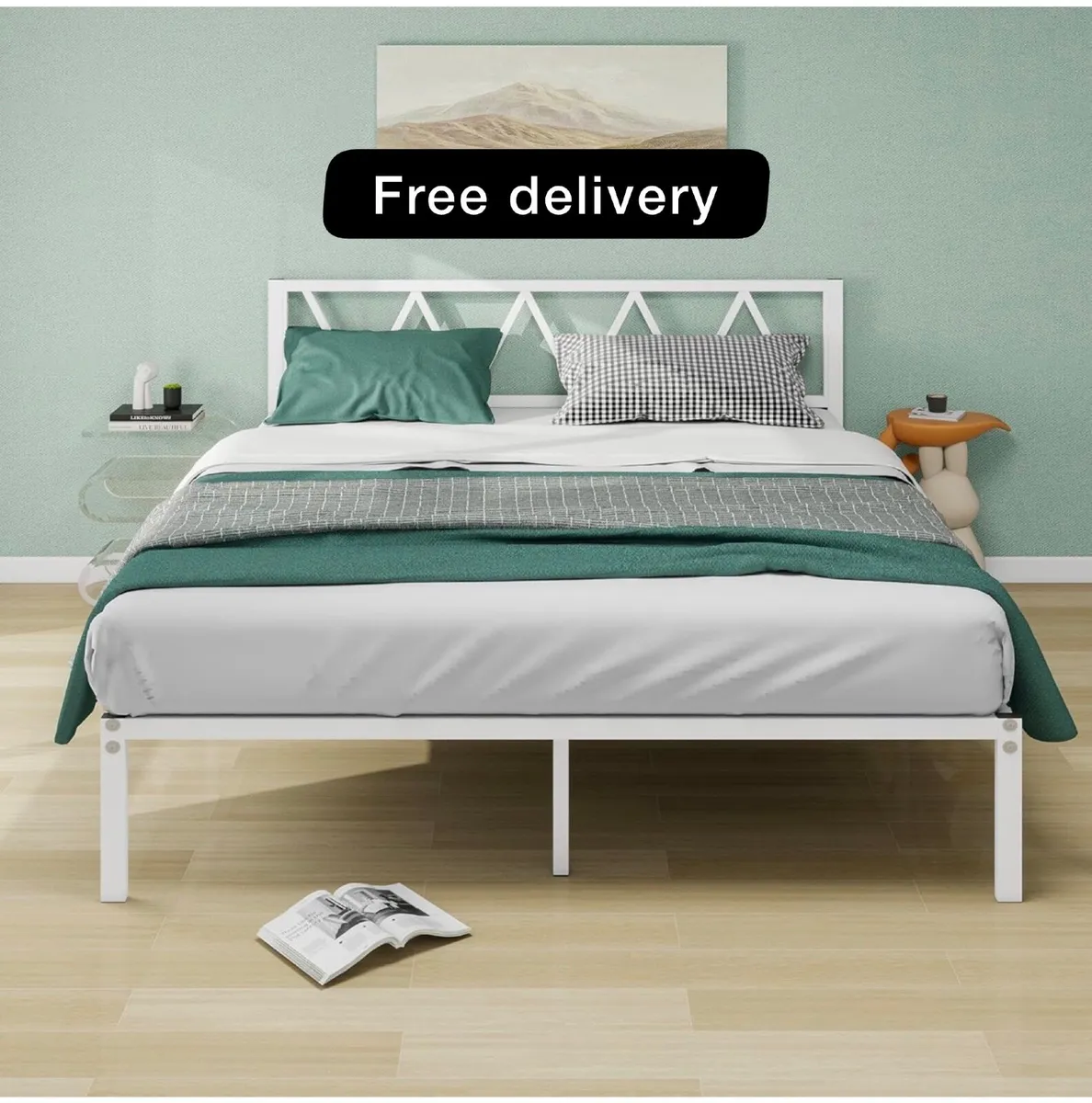 King Size Bed Frame with Headboard, Heavy Duty Met - Image 1