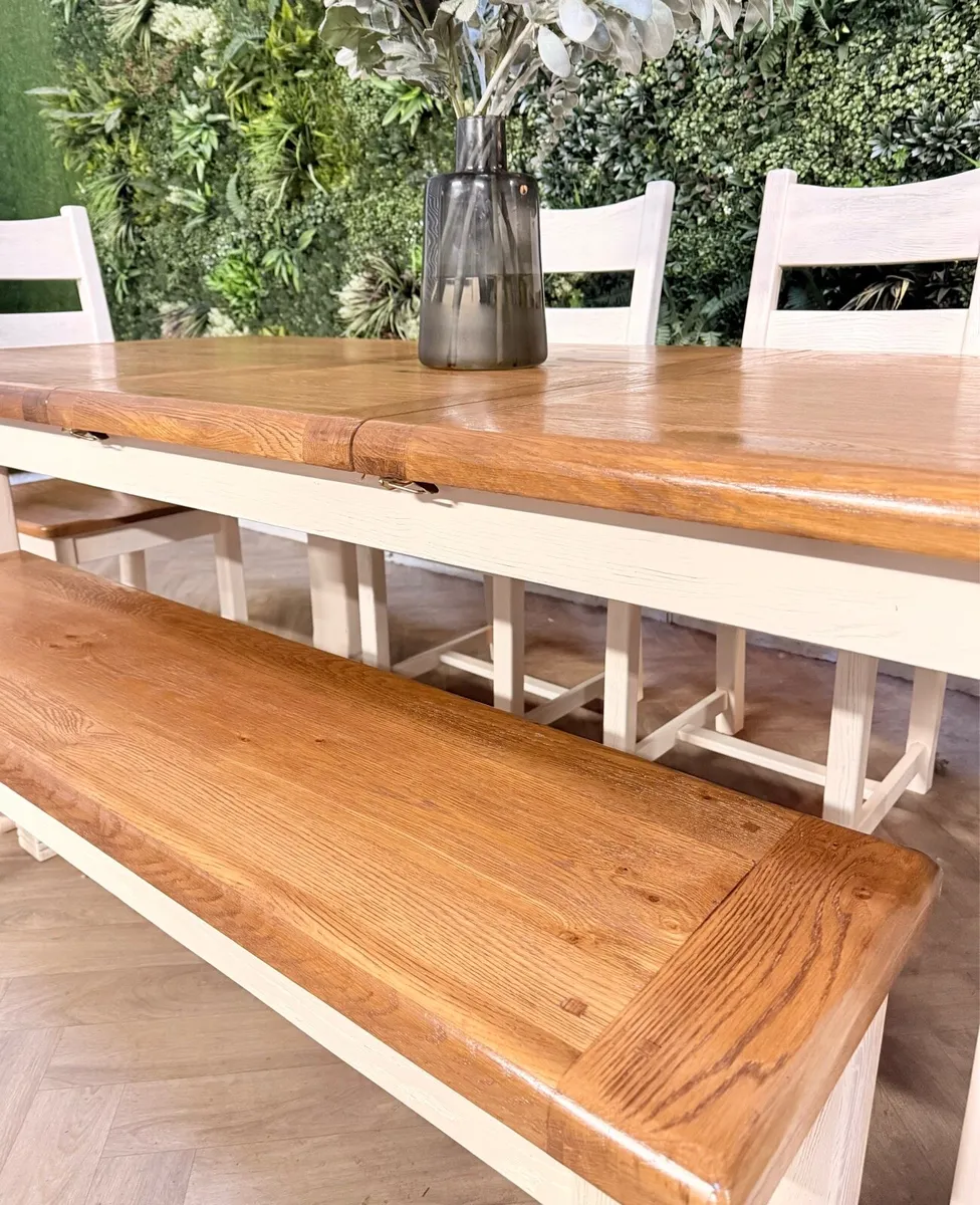 Extending oak kitchen table, 4 chairs & bench - Image 4