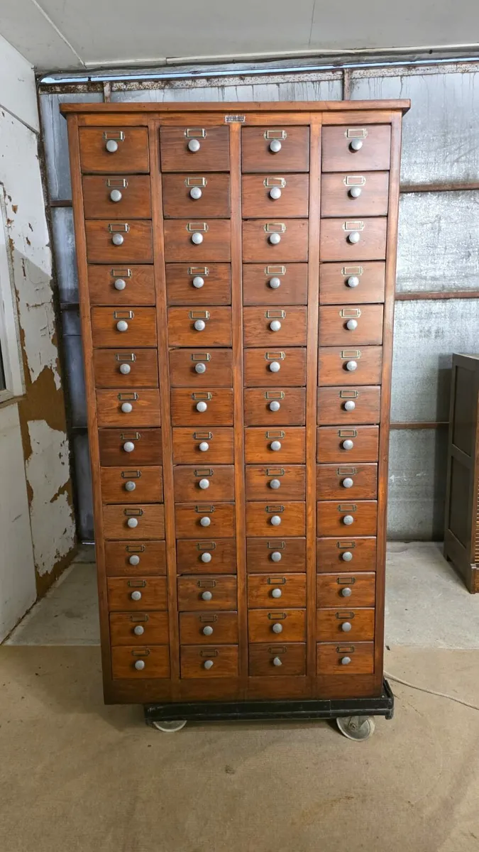 Vintage French graphics apothecary cabinet drawers