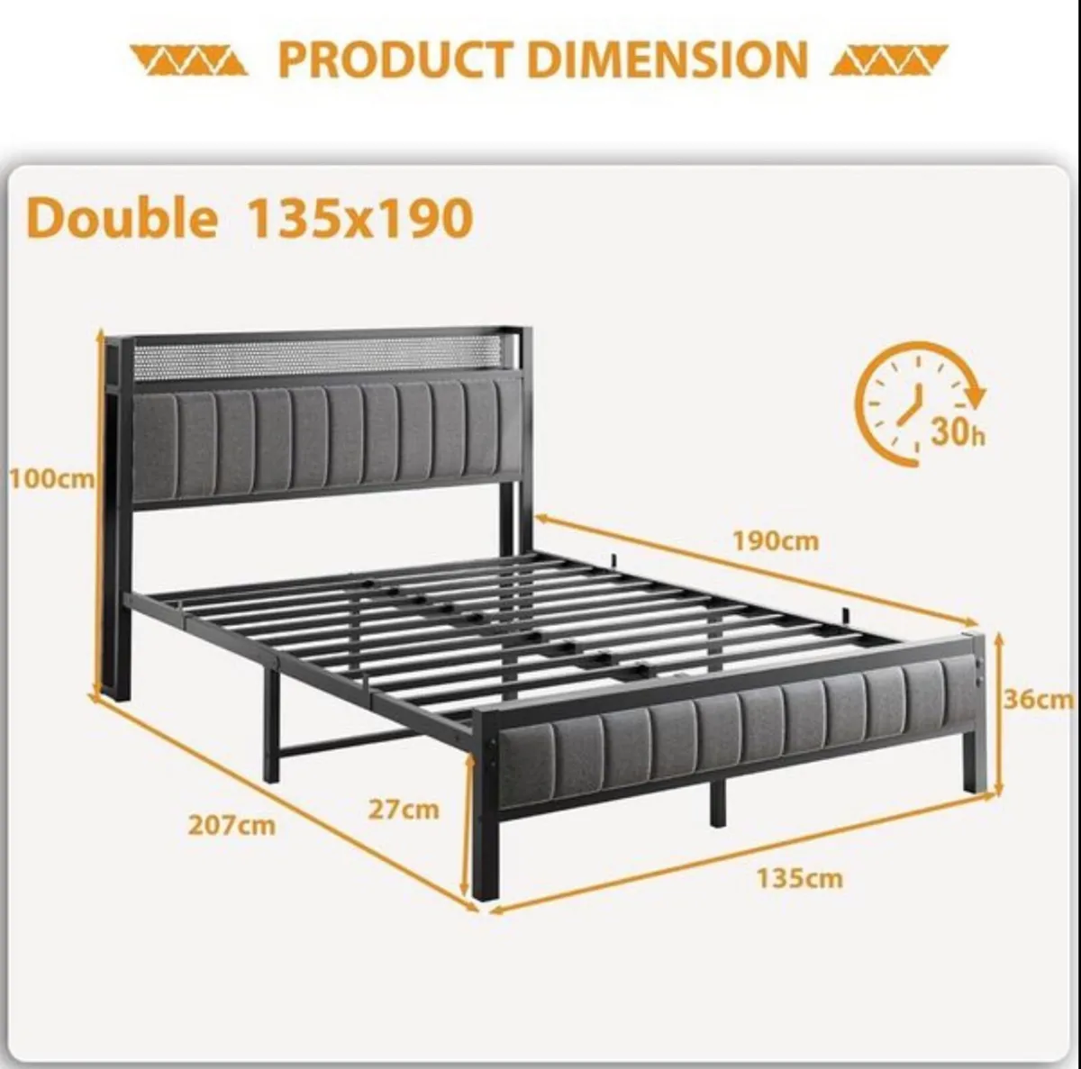 Double Bed Frame with Wooden Storage Headboard - Image 3
