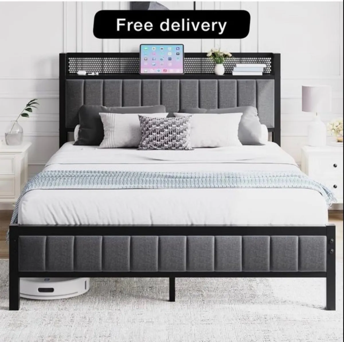 Double Bed Frame with Wooden Storage Headboard - Image 1