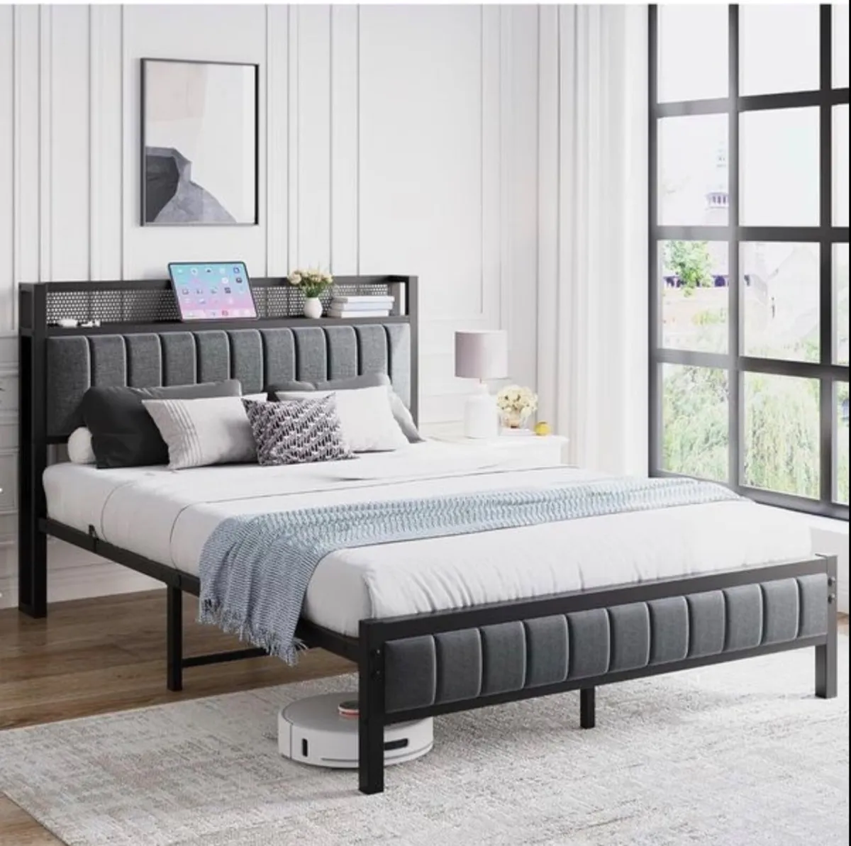 Double Bed Frame with Wooden Storage Headboard - Image 1