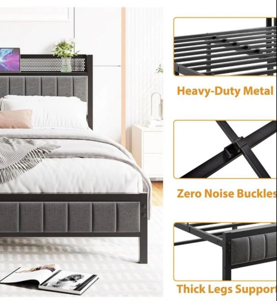 King Size Bed Frame with Storage Wooden Headboard - Image 2