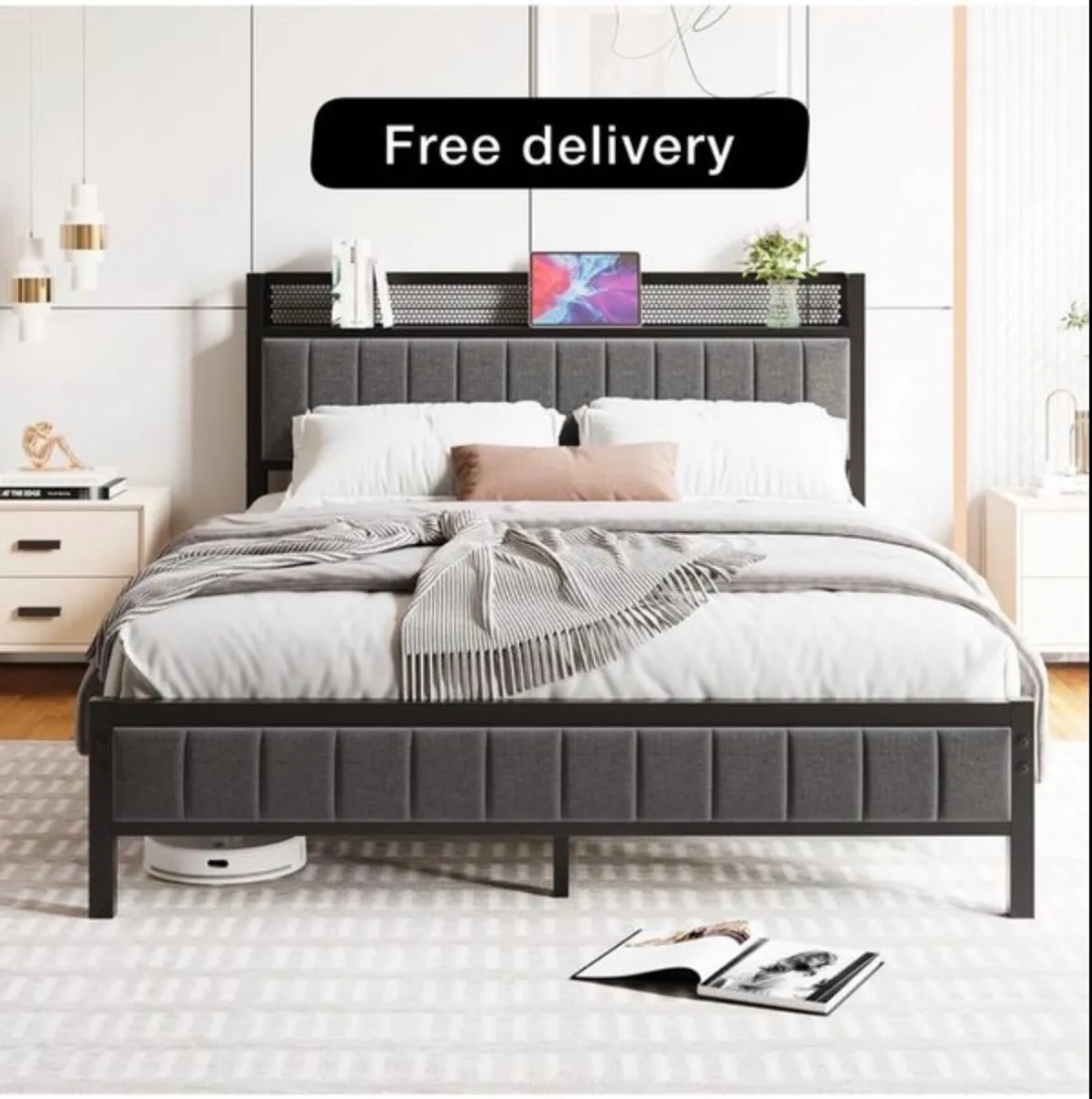 King Size Bed Frame with Storage Wooden Headboard - Image 3