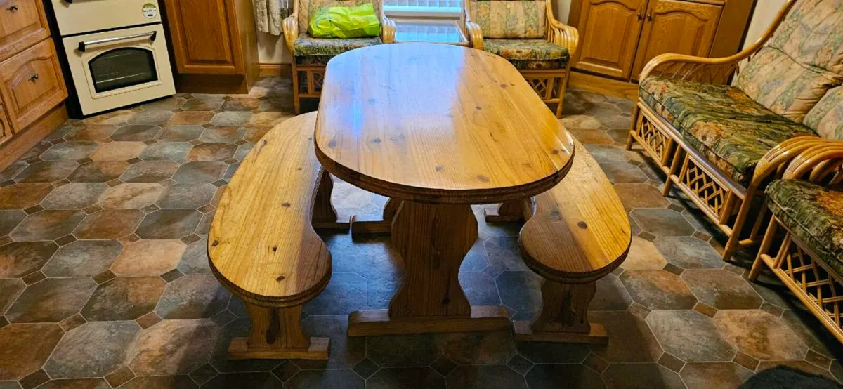 Vintage Pine Table and Benches - Image 2