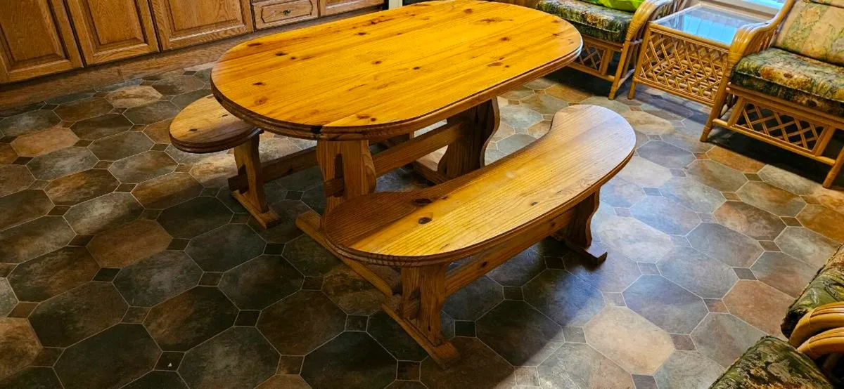 Vintage Pine Table and Benches - Image 3
