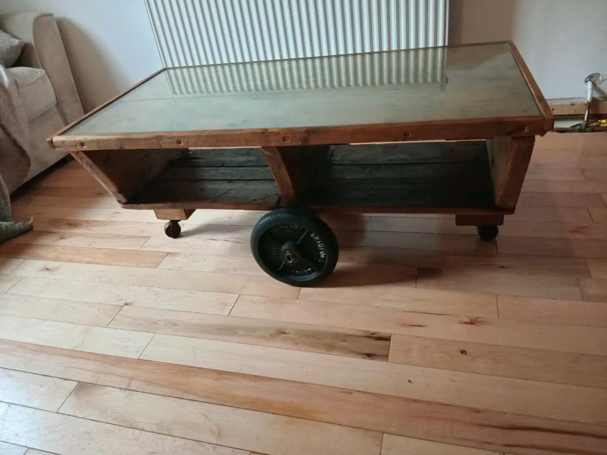 vintage industrial pitch pine cart coffee table - Image 1