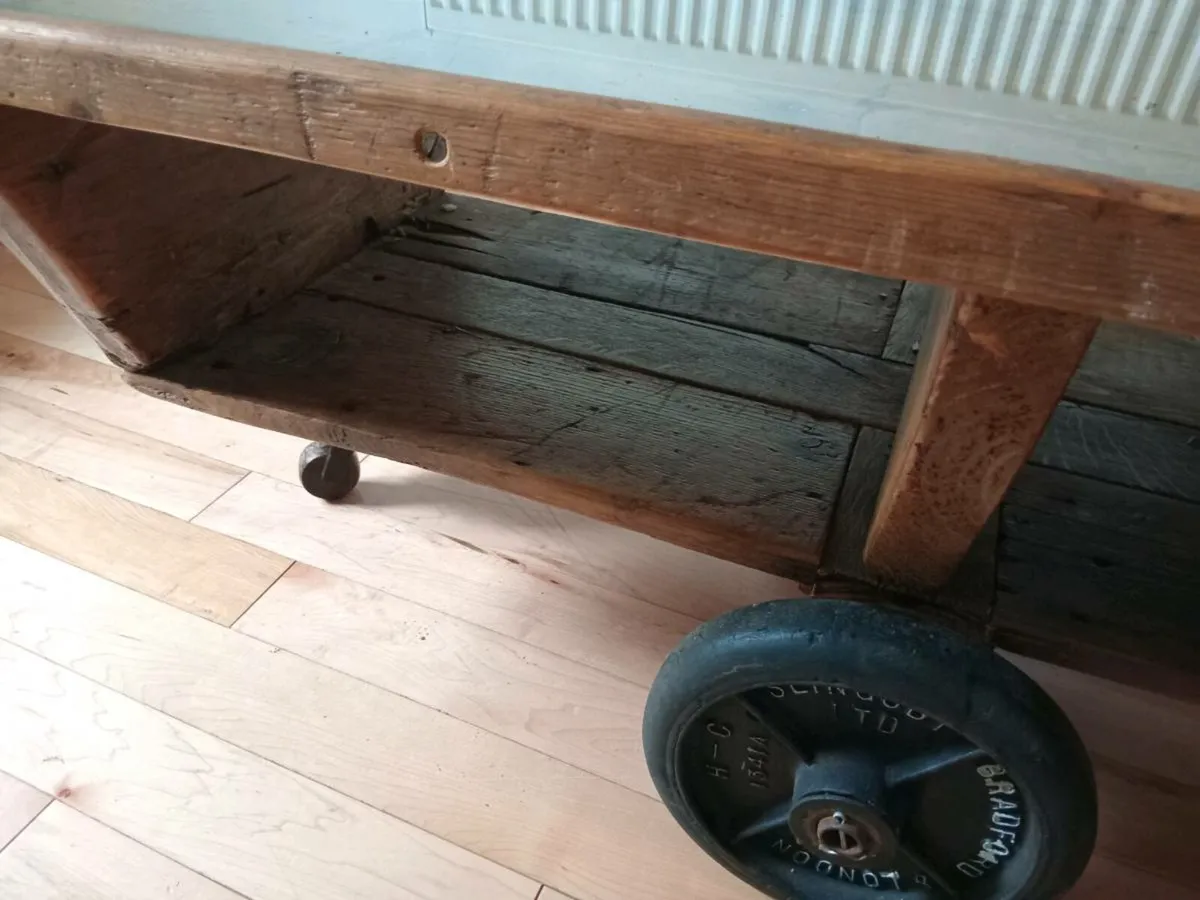 vintage industrial pitch pine cart coffee table - Image 3