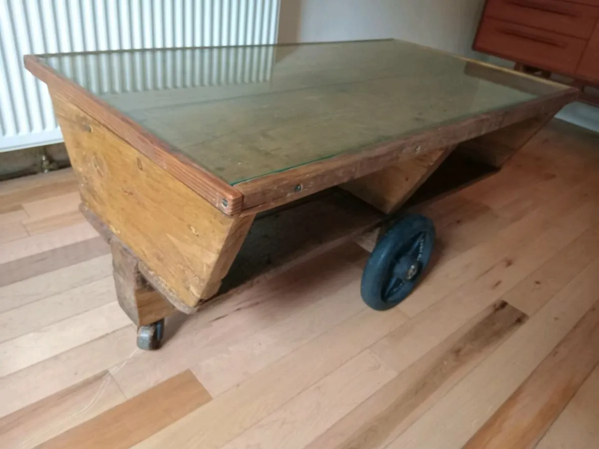 vintage industrial pitch pine cart coffee table - Image 4