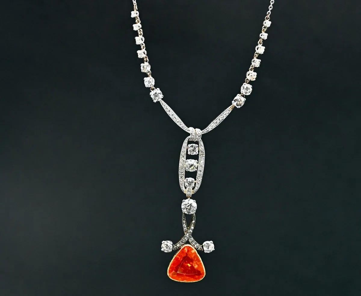 Antique Edwardian Fire Opal & Diamond Necklace - Image 1