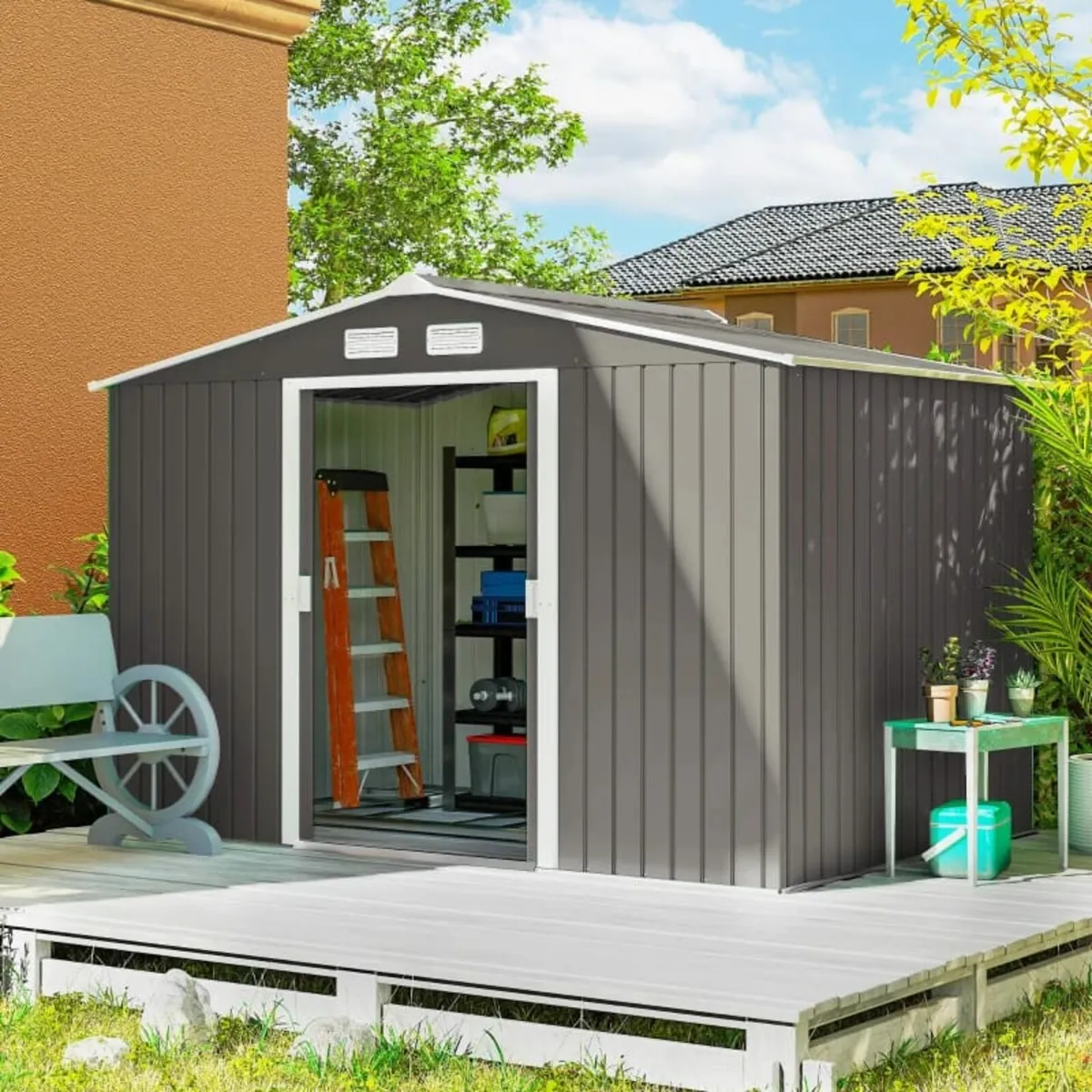 9 x 6FT Outdoor Garden Roofed Metal Storage Shed T - Image 3