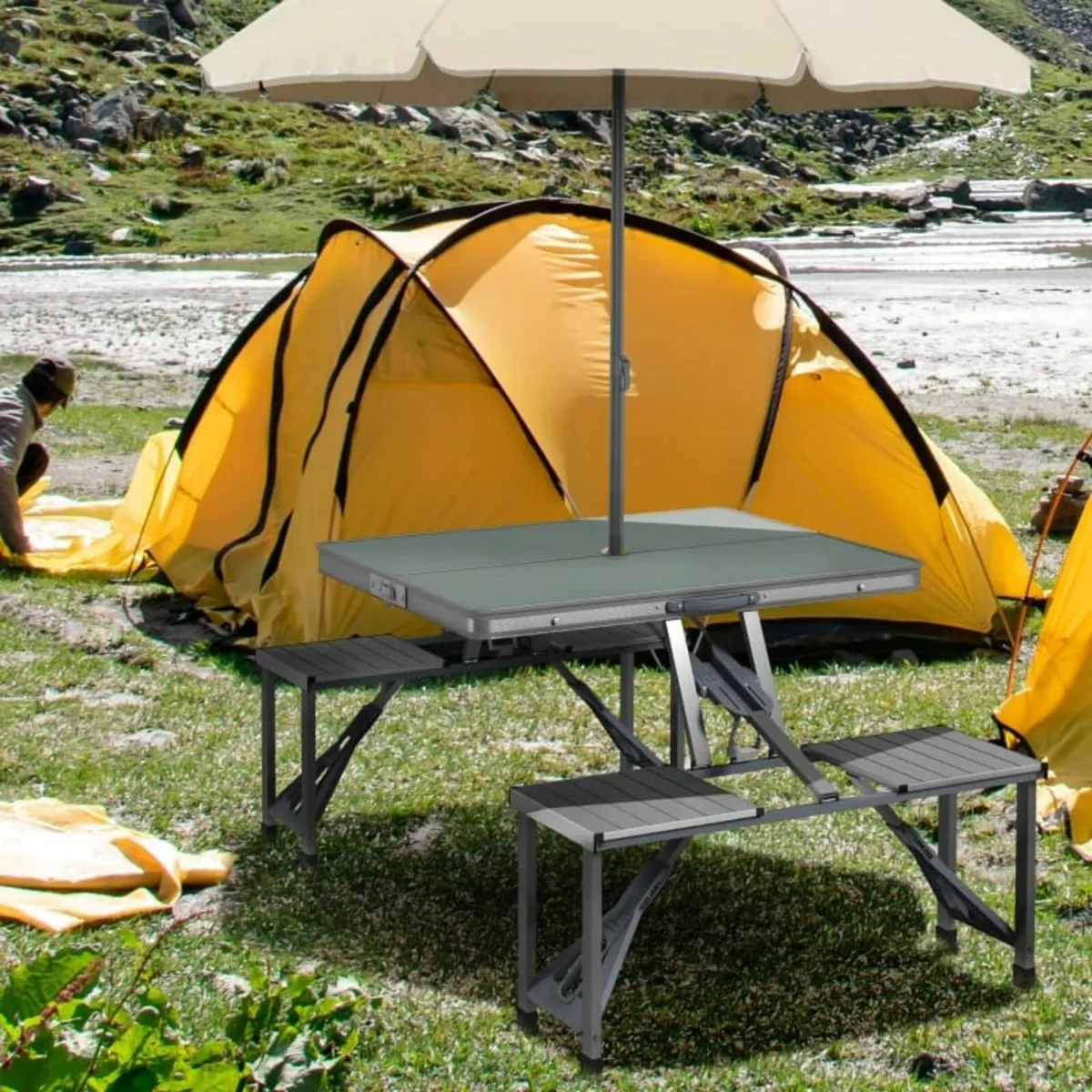 Folding Picnic Table with 4 Seats and Umbrella Hol - Image 3