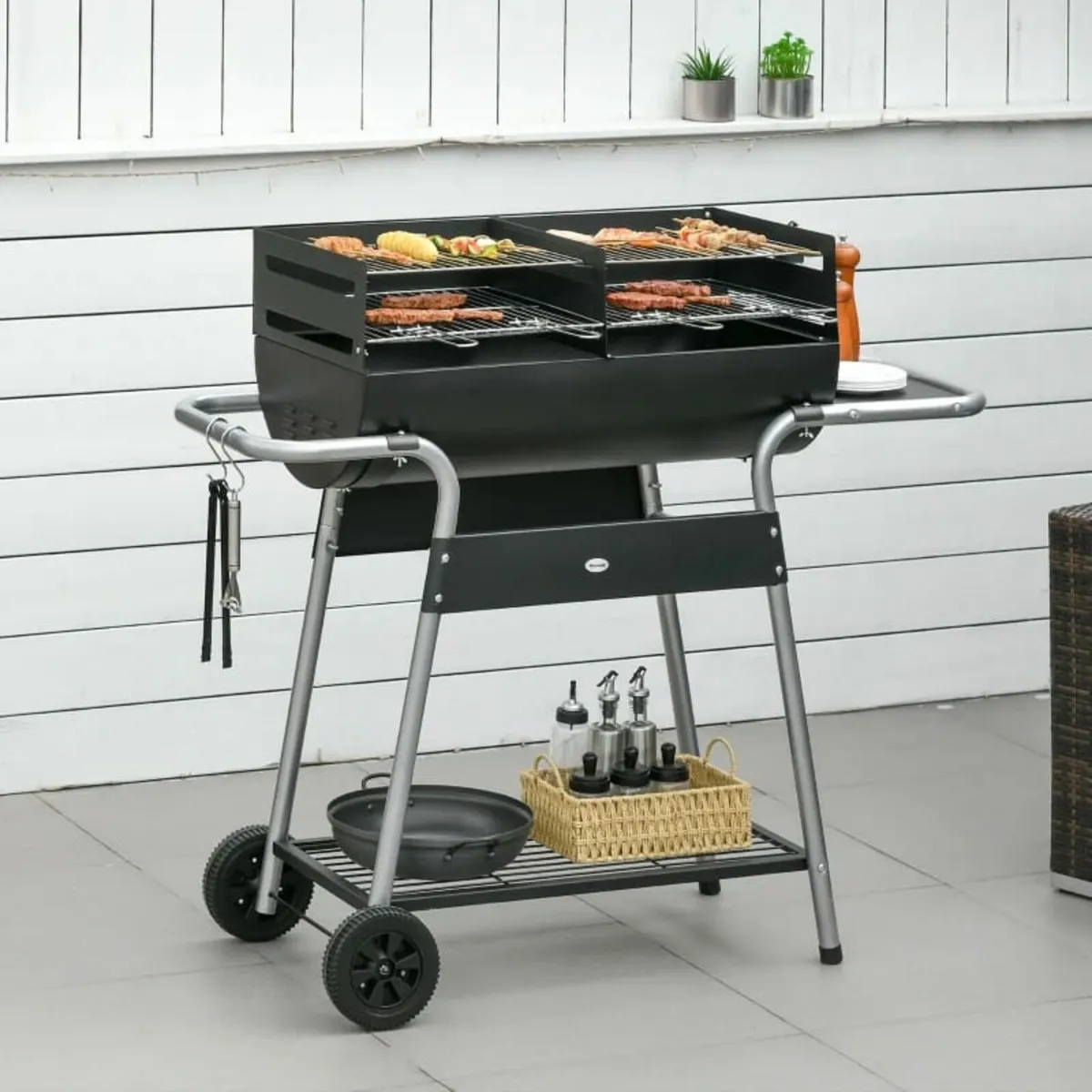 Charcoal Barbecue Grill BBQ Trolley - with Double - Image 2