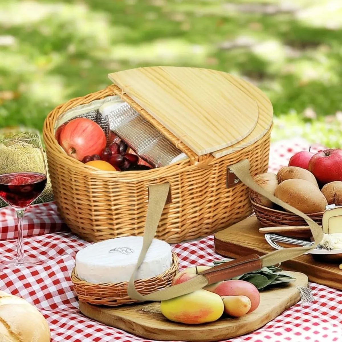 Wicker Picnic Basket for 2 with Pine Wood Lid, Pic - Image 4