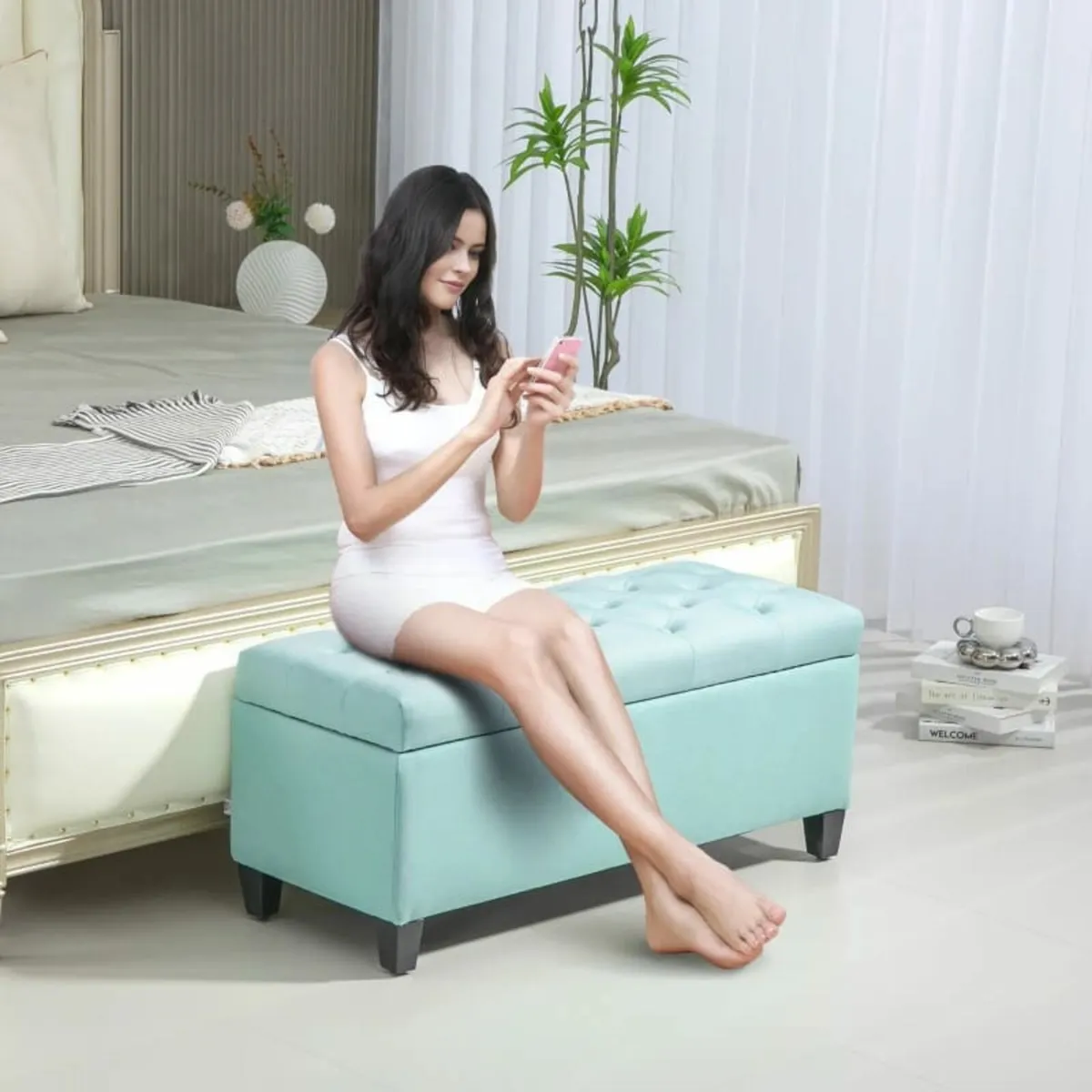 Upholstered Storage Bench, Linen-like Polyester, R - Image 3