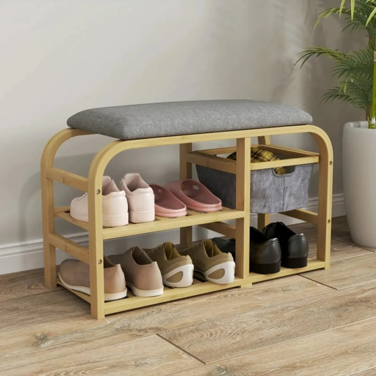 Shoe Bench with Shelves, Shoe Storage Bench, Bambo - Image 4
