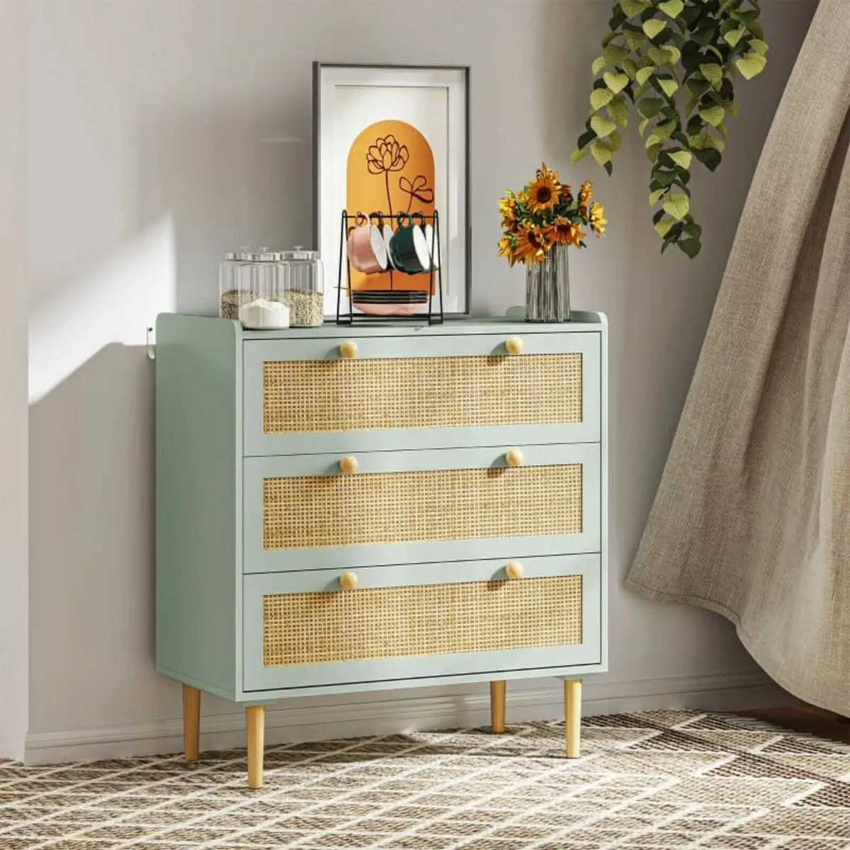 Bedroom dresser with 3 drawers, rattan fronts, clo - Image 4