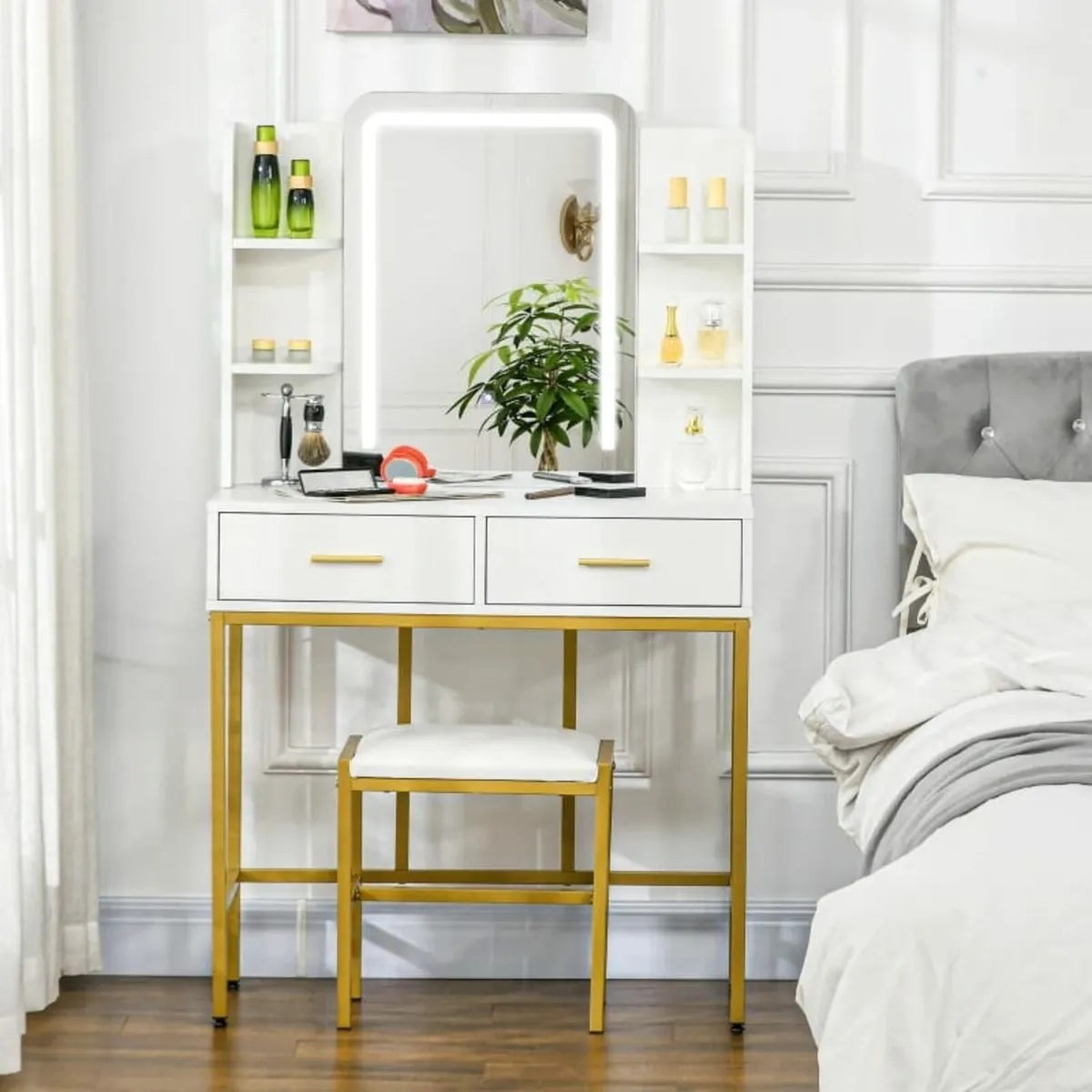 LED Light Dressing Table, with Stool - White - Image 2