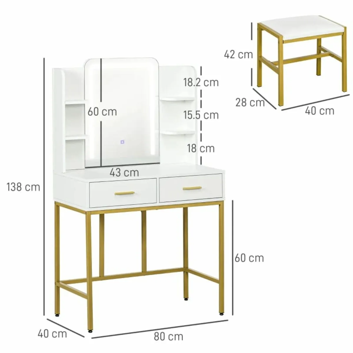 LED Light Dressing Table, with Stool - White - Image 4
