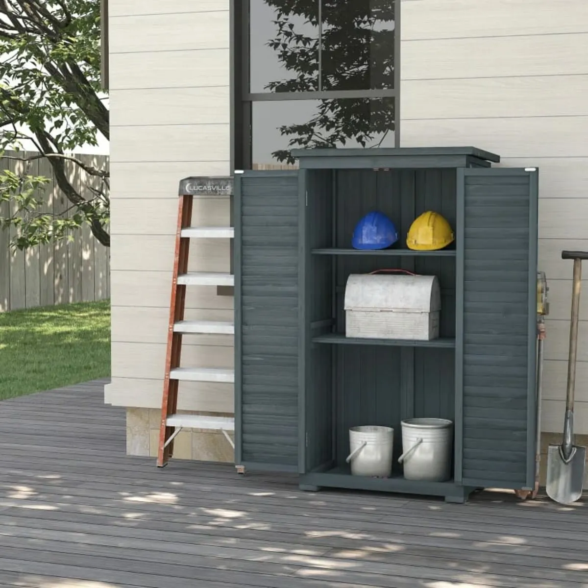 39.5 x 79cm Fir Wood Garden Shed - Grey - Image 3