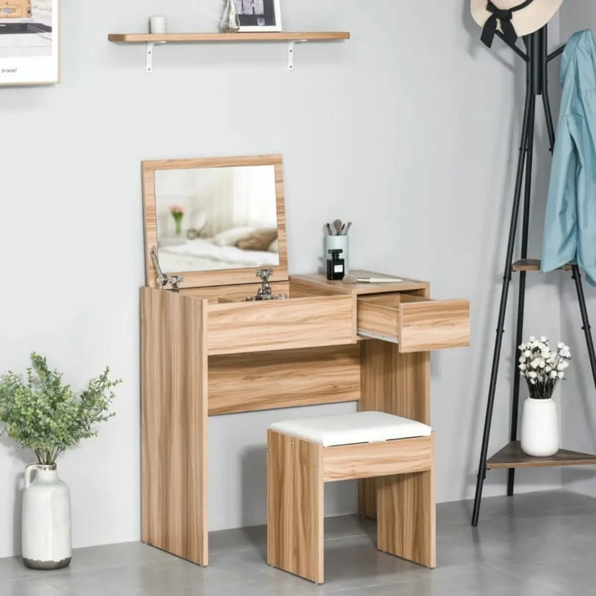 Makeup Desk with Drawer, Vanity Table Set with Fli - Image 3
