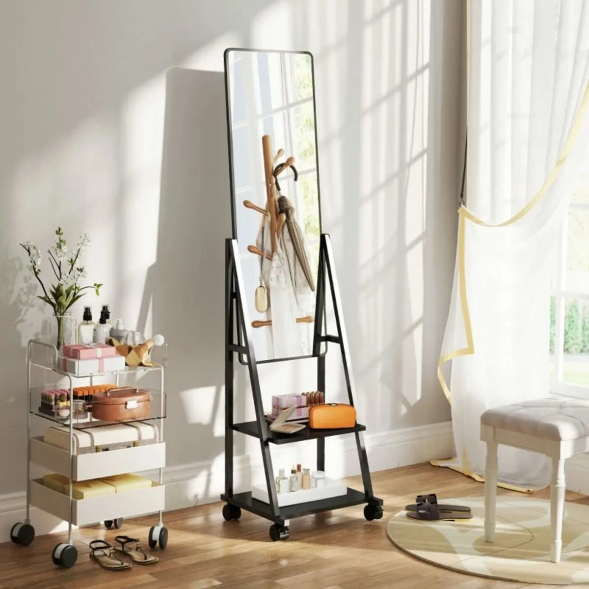 Rollable full-length mirror with 2 shelves and 4 w - Image 4