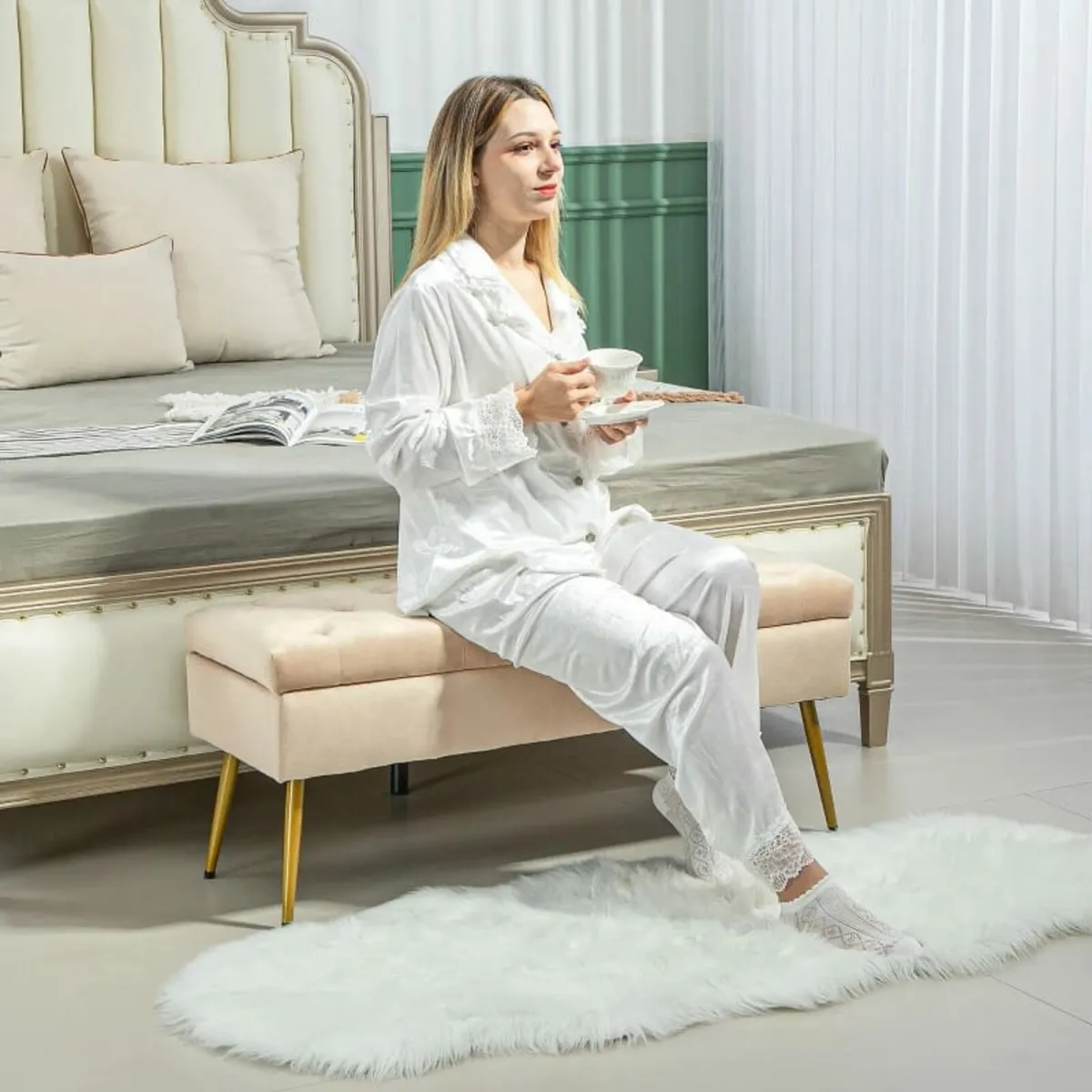 Velvet-Look Storage Bench, Padded Footstool with T - Image 4