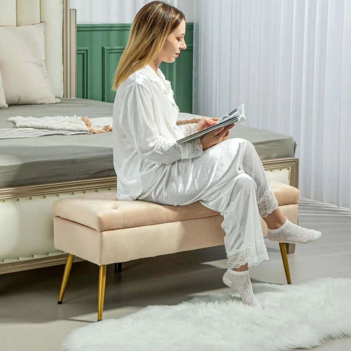 Velvet-Look Storage Bench, Padded Footstool with T - Image 3