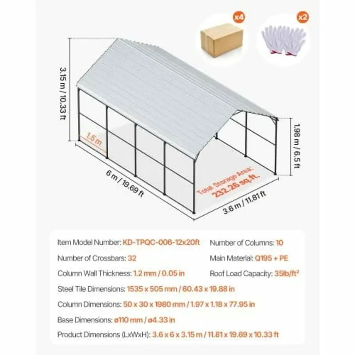Heavy Duty Metal Carport, 12' x 20' Outdoor Carpor - Image 4