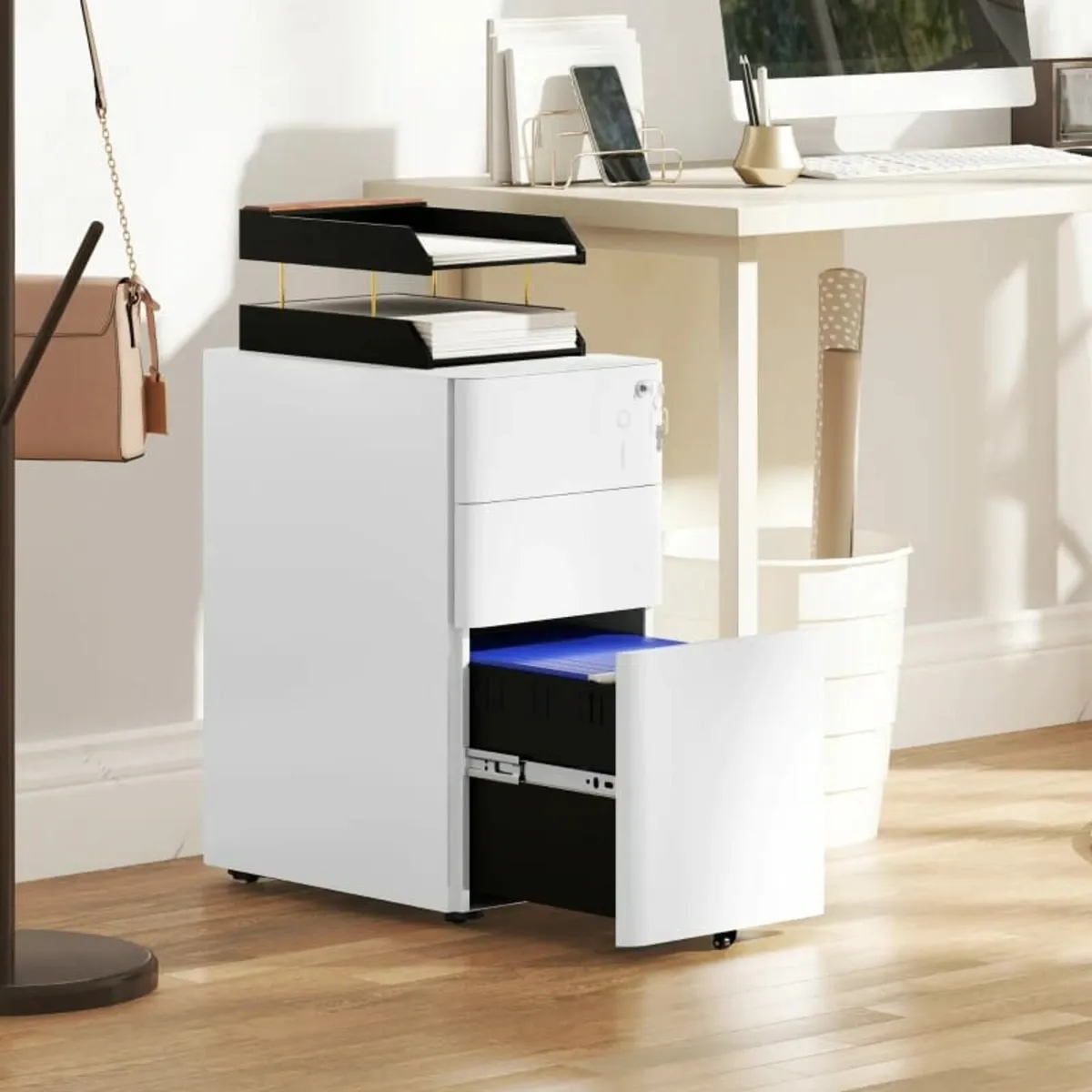 3-Drawer Steel Filing Cabinet with Lock - White - Image 3