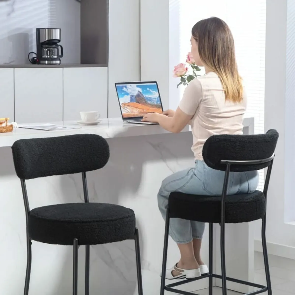 2-Pack bar stools with padded seat and footrest, f - Image 2