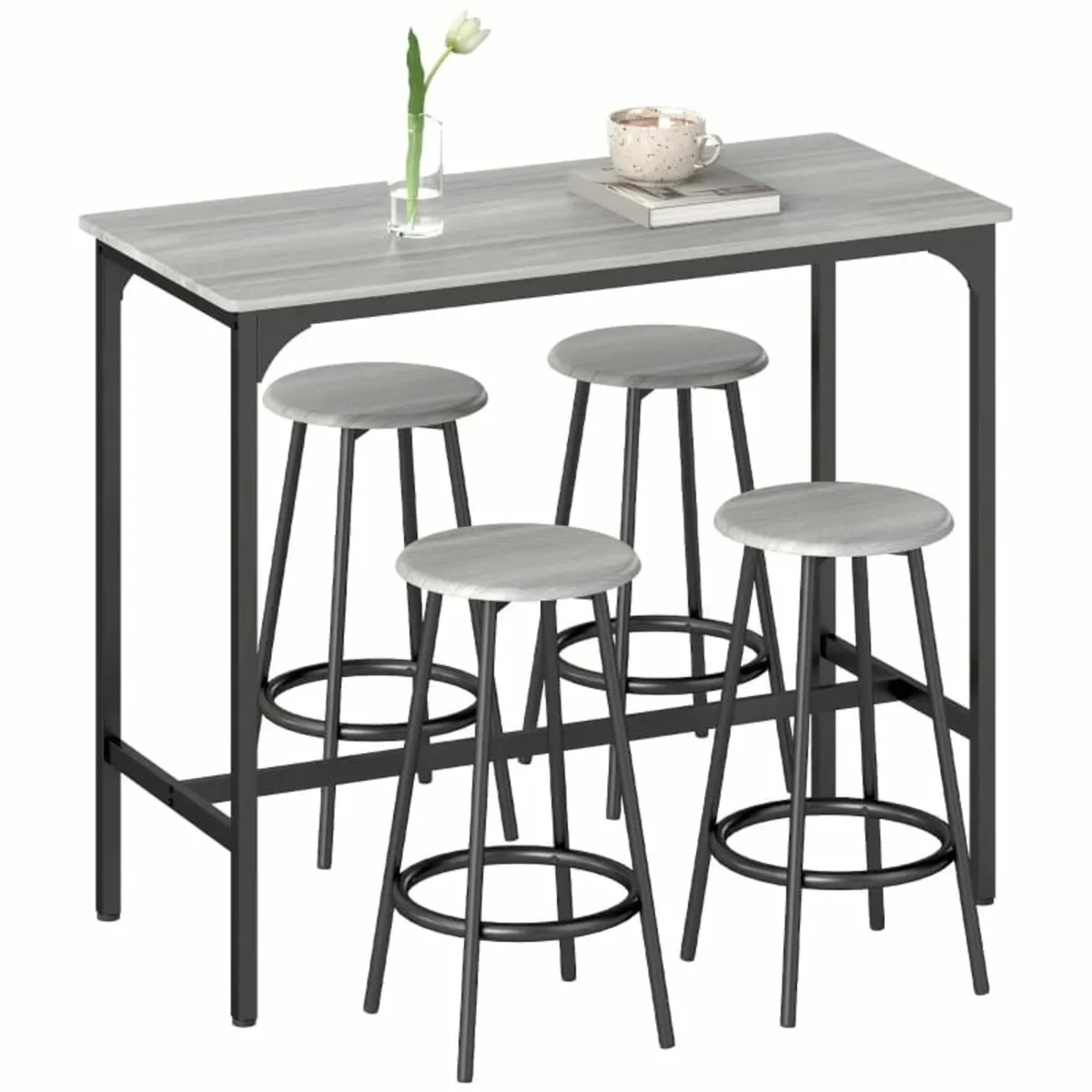Five-Piece Industrial-Style Bar Table Set - Grey/B - Image 4