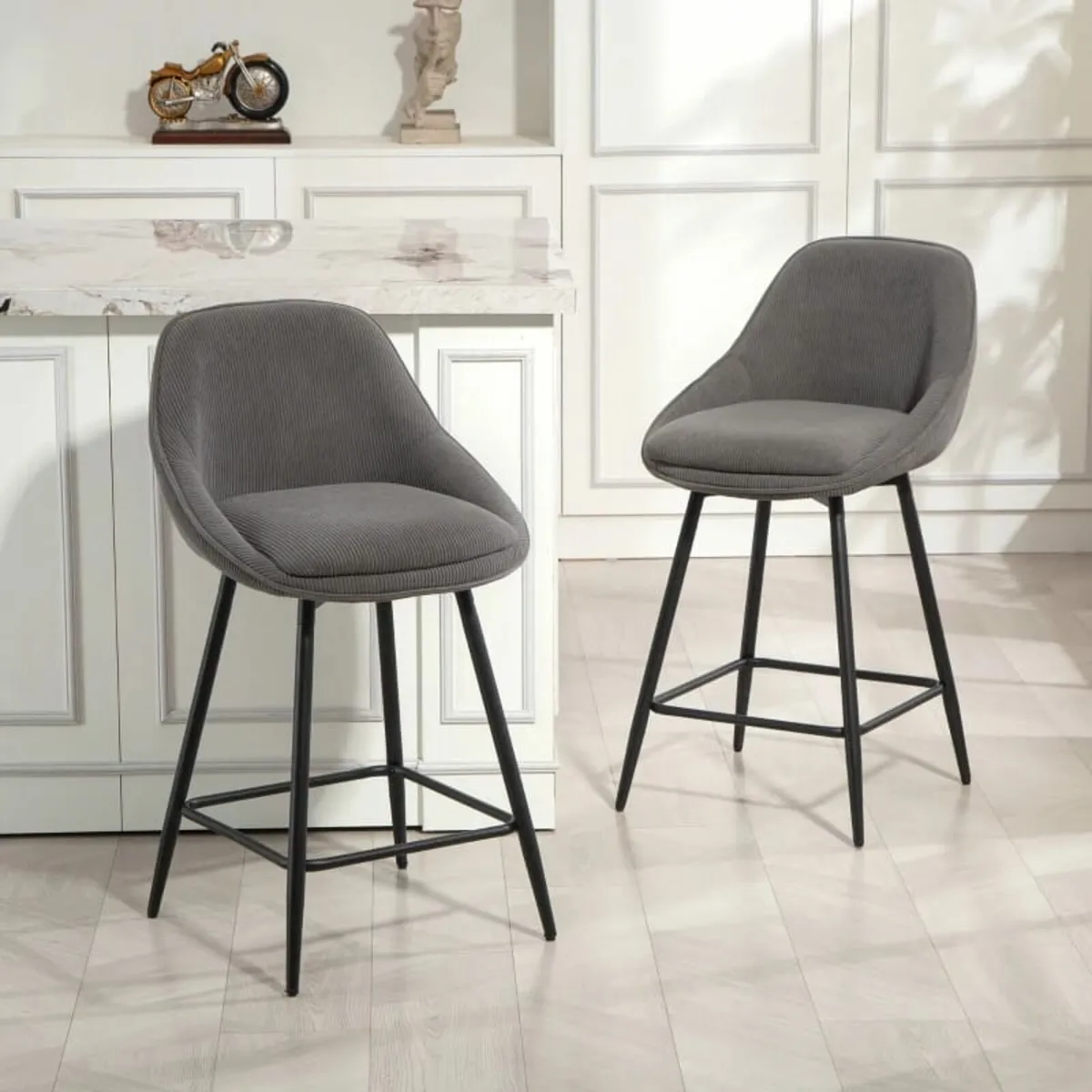 Set of 2 Bar Stools with Cord Upholstery and Steel - Image 2