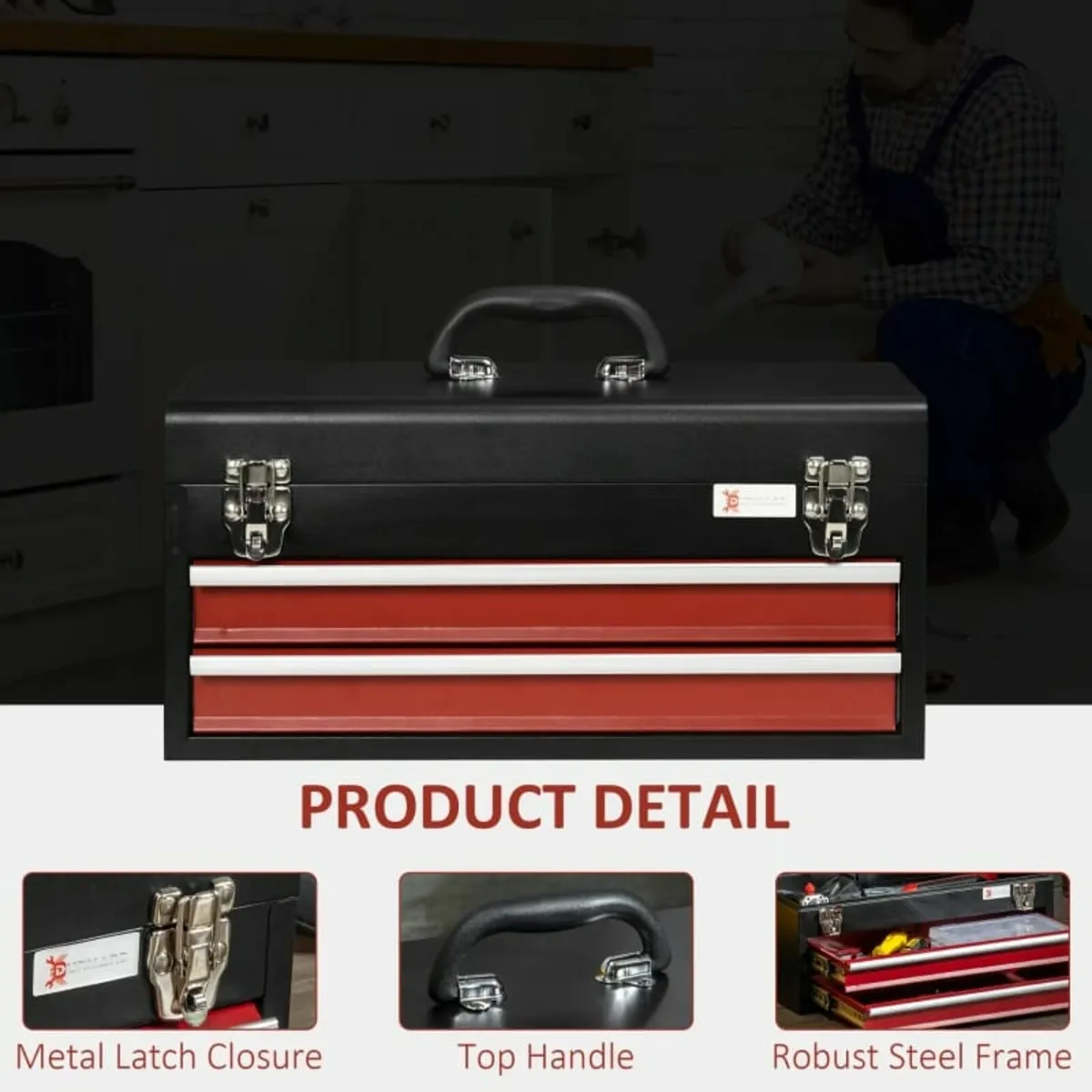 2 Drawer Tool Chest, Lockable Metal Tool Box with - Image 2