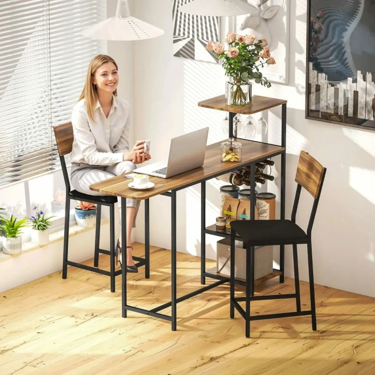 3-piece Bar Table Set, 1 Bar Table, 2 Chairs, with - Image 3