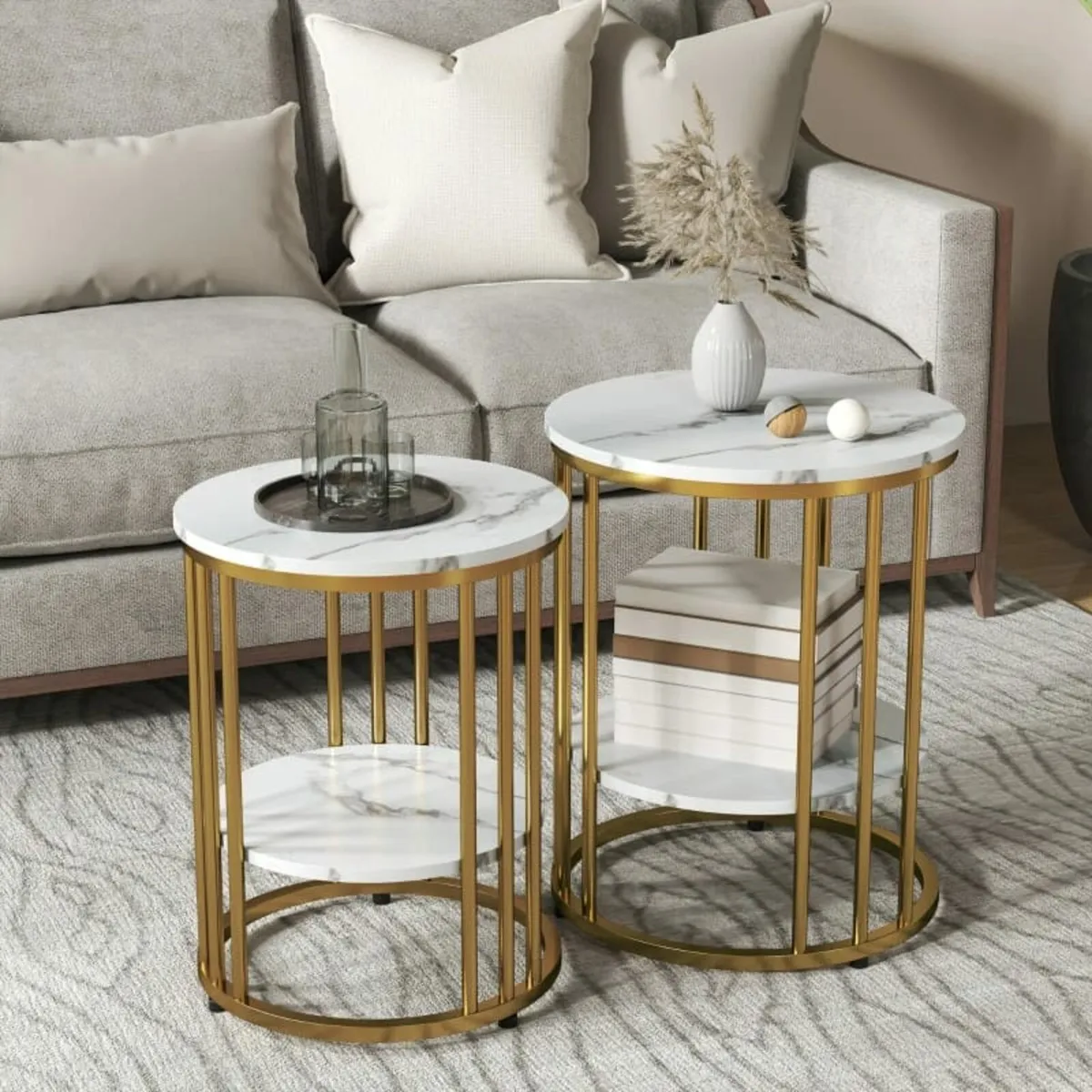 Set of Two Marble-Effect Coffee Tables - White/Gol - Image 2