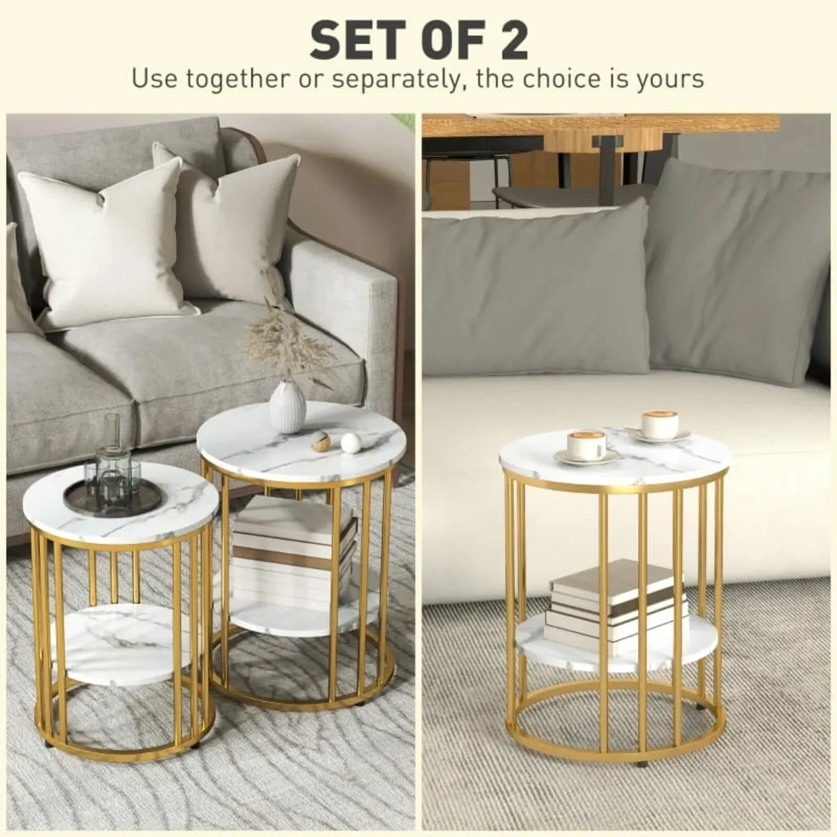 Set of Two Marble-Effect Coffee Tables - White/Gol - Image 4